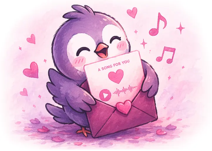 Melogram bird holding a card